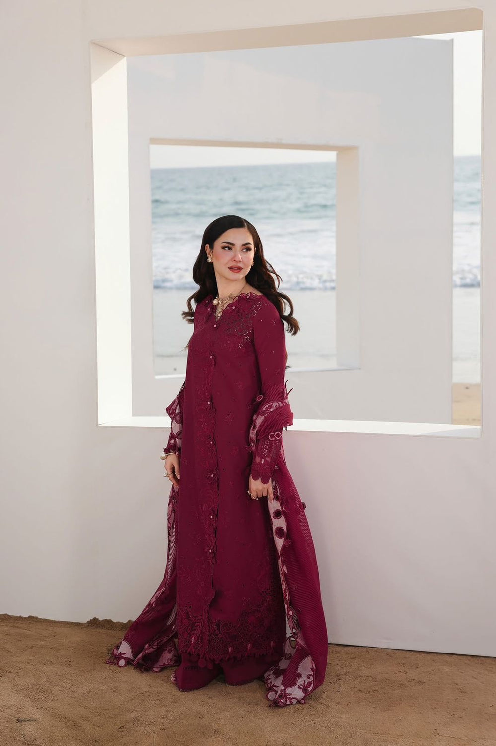 Qalamqar red meroon lawn 2025