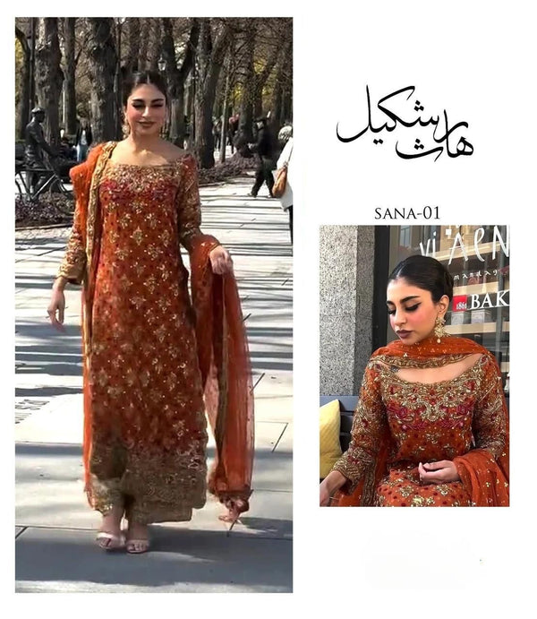 Haris shakeel orange chiffon wedding edition
