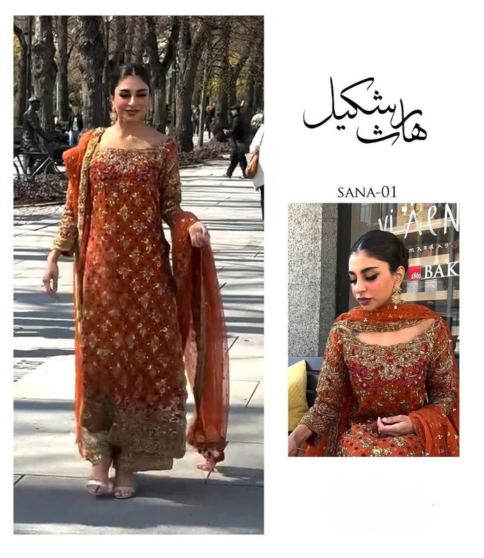Haris shakeel orange chiffon wedding edition
