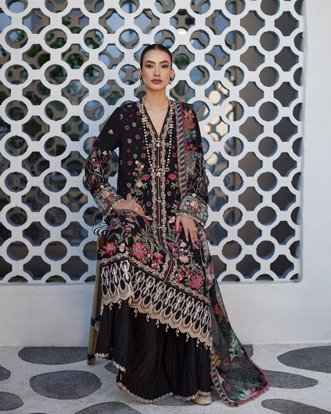 Faiza saqlain black multi lawn 2024