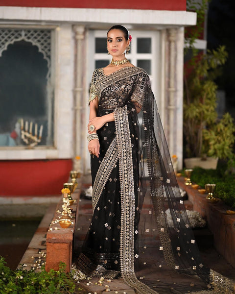 Qalamqar black saree wedding edition