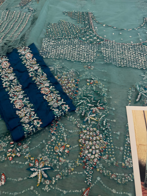 Hussain Rehar sea green bridal chiffon