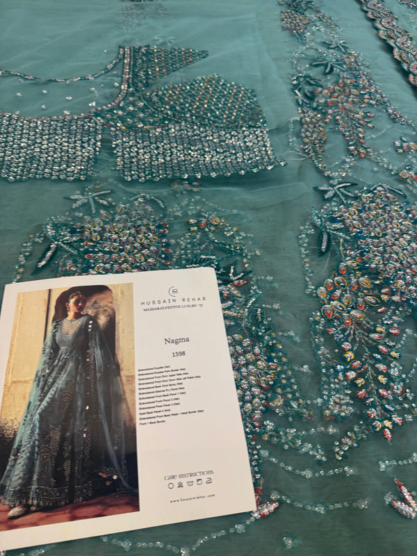 Hussain Rehar sea green bridal chiffon