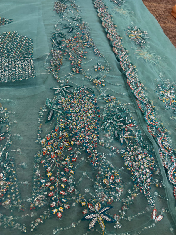 Hussain Rehar sea green bridal chiffon