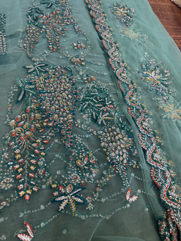 Hussain Rehar sea green bridal chiffon