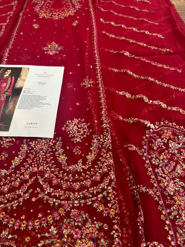 Hussain Rehar red purple chiffon wedding edition