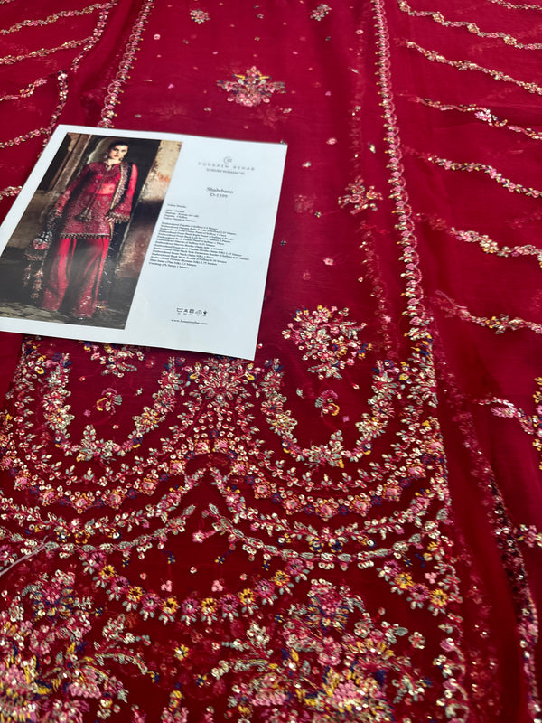 Hussain Rehar red purple chiffon wedding edition