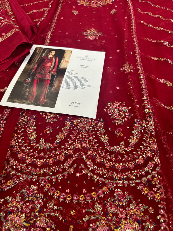 Hussain Rehar red purple chiffon wedding edition