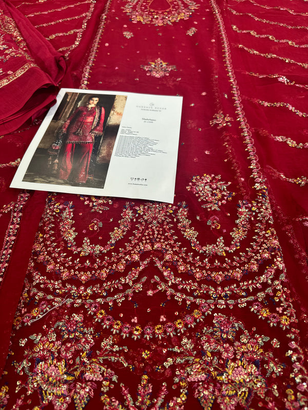 Hussain Rehar red purple chiffon wedding edition
