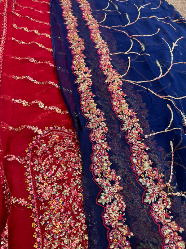 Hussain Rehar red purple chiffon wedding edition