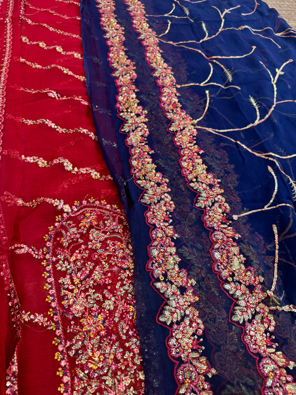 Hussain Rehar red purple chiffon wedding edition