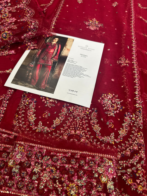 Hussain Rehar red purple chiffon wedding edition