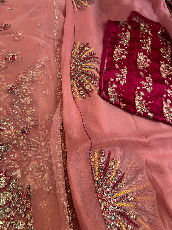 Hussain Rehar pink chiffon wedding edition