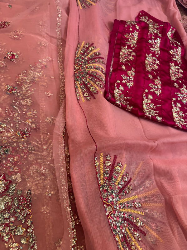 Hussain Rehar pink chiffon wedding edition
