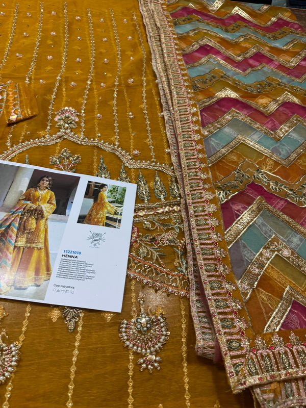 Mohsin Naveed Ranjha yellow with laser work dopata wedding edition