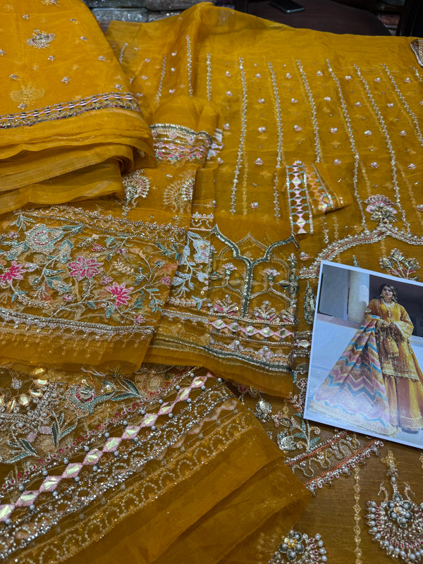 Mohsin Naveed Ranjha yellow with laser work dopata wedding edition