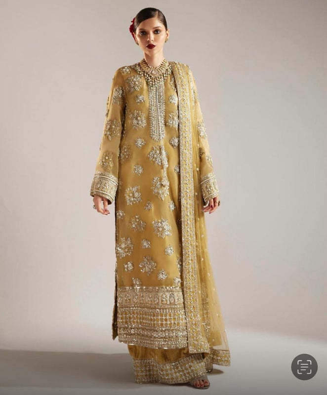 Hussain Rehar mustard chiffon wedding edition