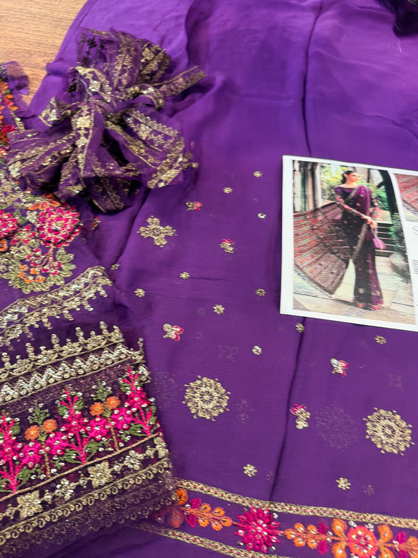 Maria B purple chiffon saree