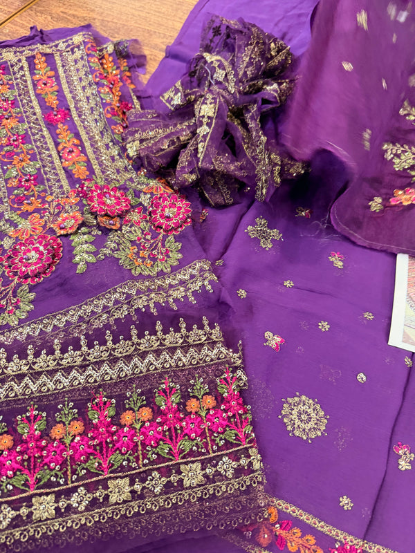 Maria B purple chiffon saree