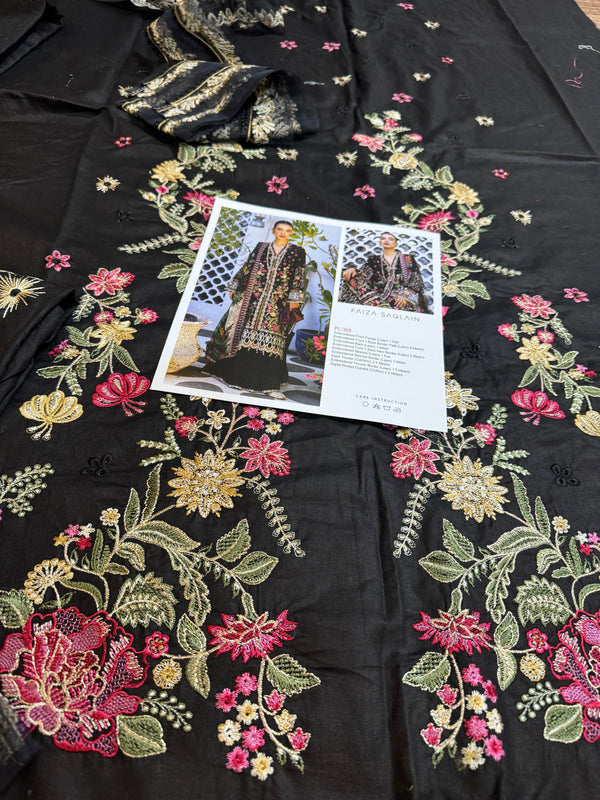 Faiza saqlain black multi lawn 2024