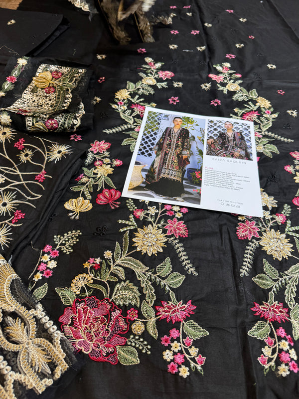 Faiza saqlain black multi lawn 2024