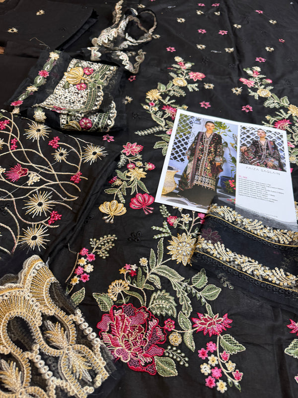 Faiza saqlain black multi lawn 2024