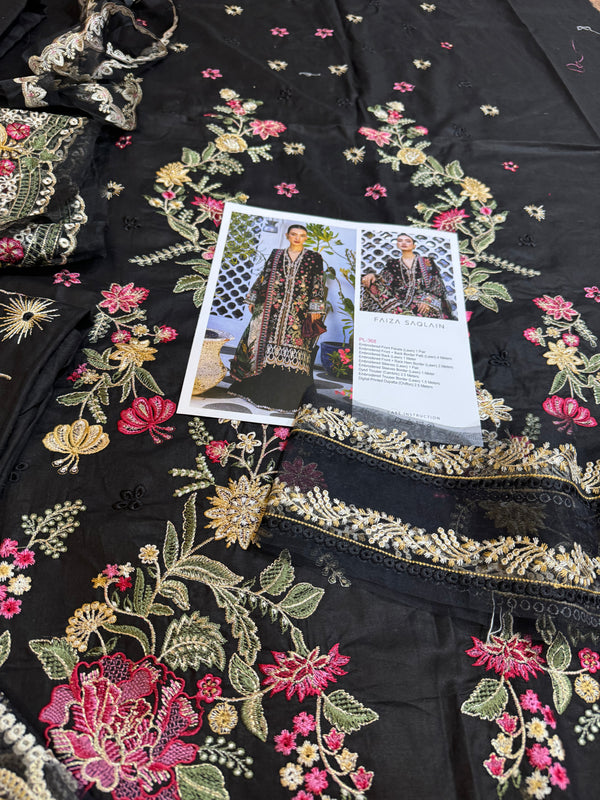 Faiza saqlain black multi lawn 2024