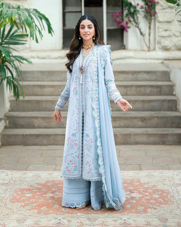 Qalamqar sky grey lawn Eid collection