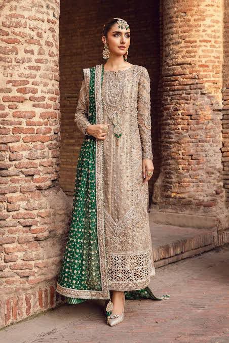 Maria B coture skin green bridal chiffon 2025