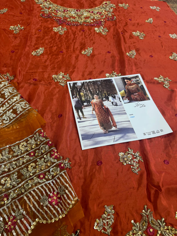 Haris shakeel orange chiffon wedding edition