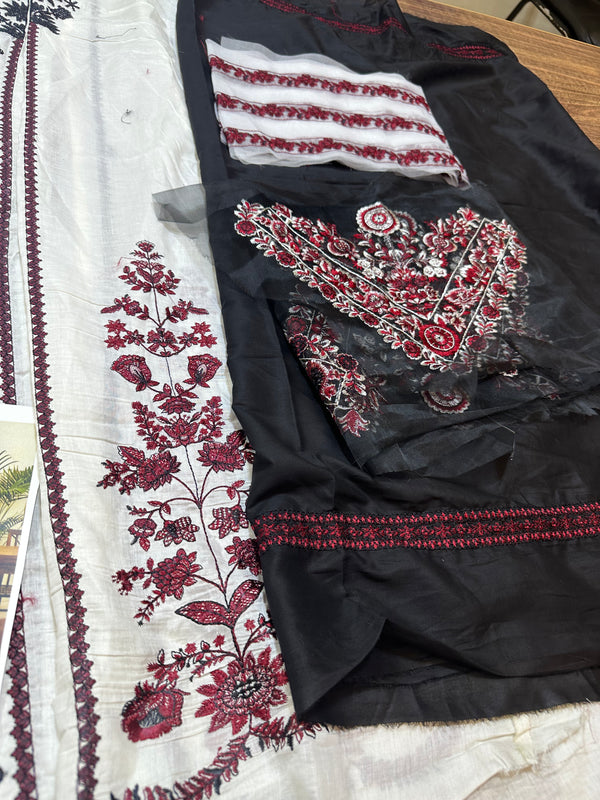 Hussain Rehar white black and red lawn
