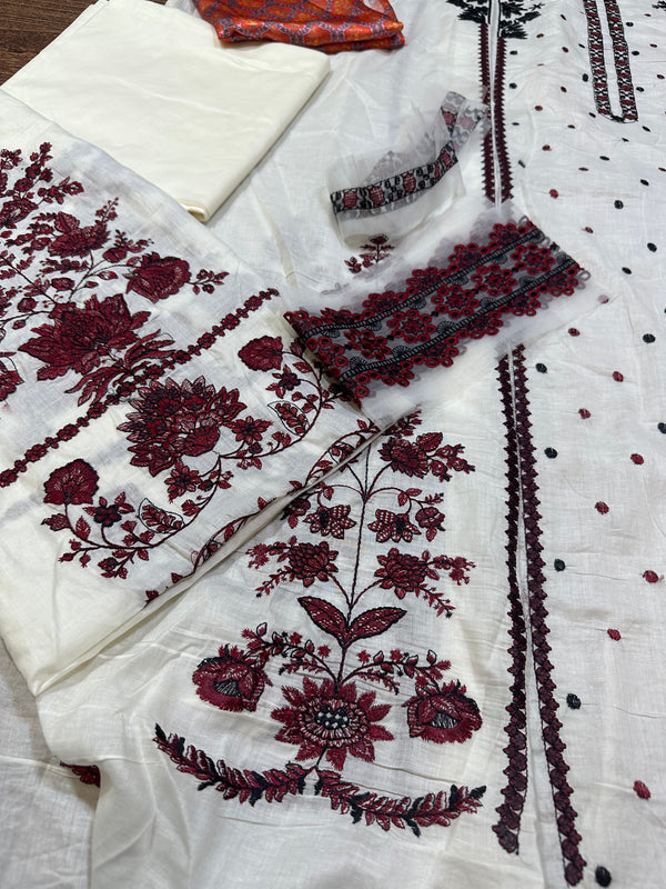 Hussain Rehar white black and red lawn