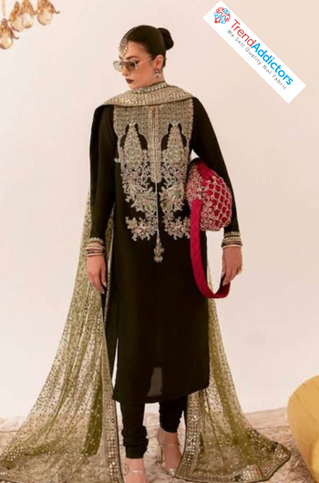 Hussain rehar black & olive handmade Chiffon